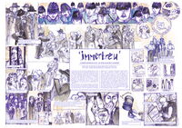 Viele Einzelszenen von einer Gerichtsverhandlung, Polizisten, Frauen, einem Zeitungsleser etc.; in der Mitte Text