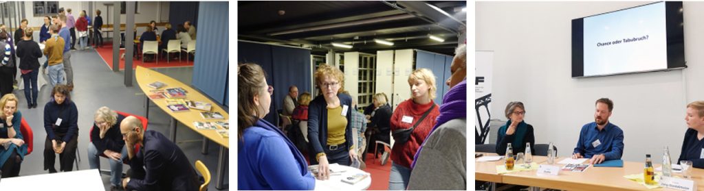 Drei Fotos, die mehrere Menschen in einem Raum und an einem Tisch sitzend zeigen.
