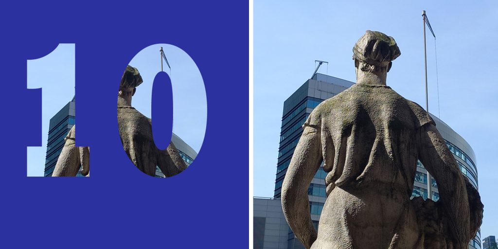 Collage: links.: Zahl „10“, rechts: Steinskulptur von hinten