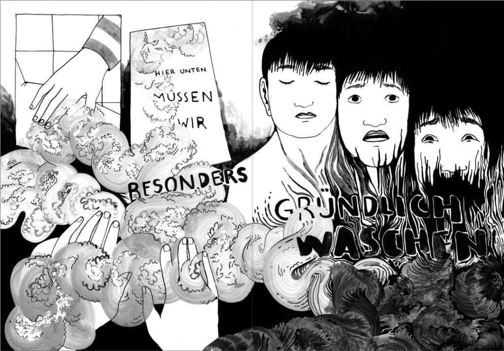 Comic-Panel mit Händen, Seife, Kindern und Schrift