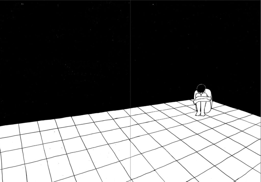 Comic-Panel: Ein Kind sitzt zusammengekauert in einer Ecke auf Fliesenboden.