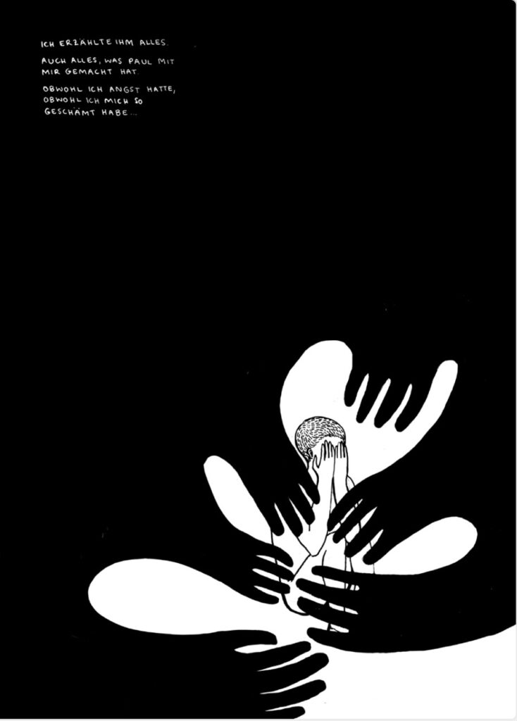 Comic-Panel: schwarzer Hintergrund mit Händen, darin ein weißes Gesicht mit den Händen vor den Augen, oben Schrift.