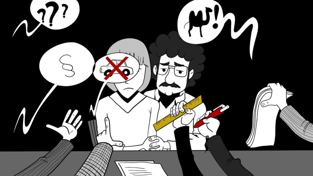 Zeichnung einer Frau und eines Mannes an einem Tisch, denen sich Hände mit Papieren etc. entgegenstrecken; darüber Sprechblasen mit Bildern.