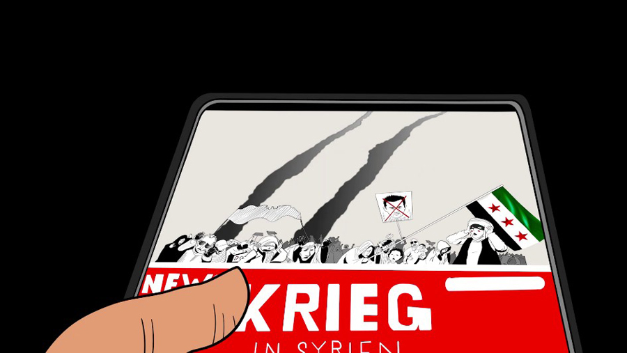 Zeichnung eines Handy-Displays, auf dem eine Demonstration und syrische Fahne zu sehen ist.