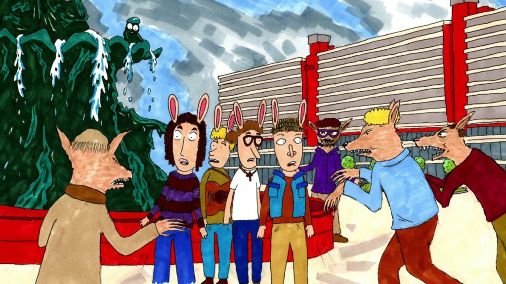 Zeichnung von Menschen mit Hasenohren an einem Brunnen, die von Menschen mit Wolfsköpfen bedrängt werden.