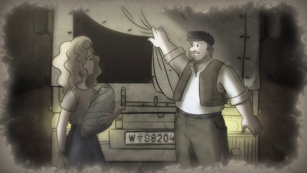 Zeichnung eines Mannes, der eine Lastwagenplane für eine Frau mit Baby auf dem Arm hochhält.