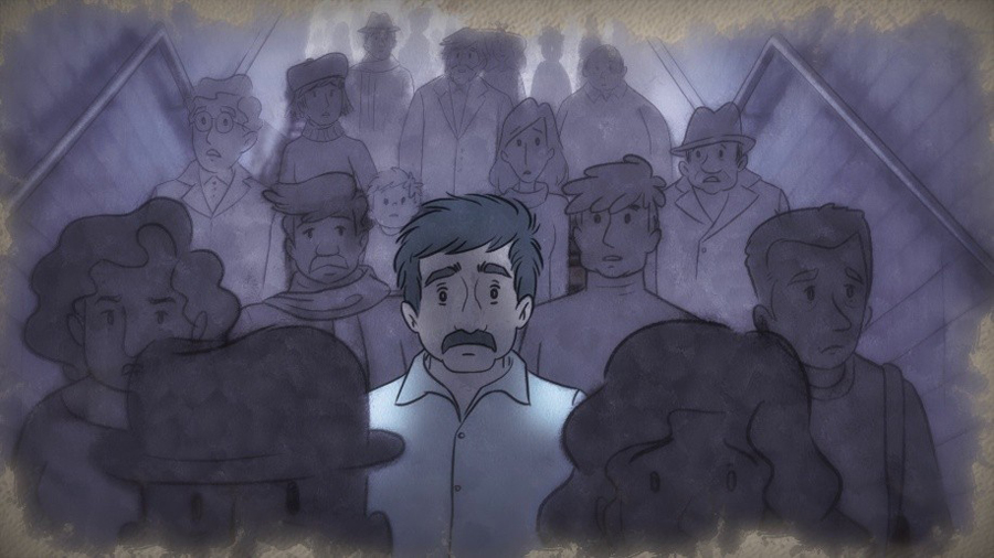 Zeichnung eines Mannes inmitten von Menschen auf einer Treppe