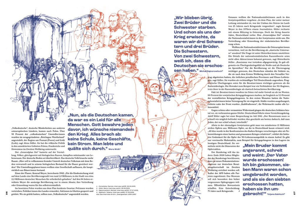 Zeichnungen von Menschen auf der Flucht mit Text und Zitaten